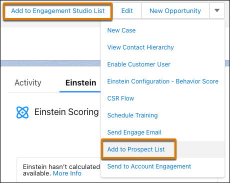 Lead or contact record with the Add to Engagement Studio List and Add to Prospect List options highlighted.