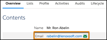 Screenshot of the prospect record with the prospect email link highlighted.