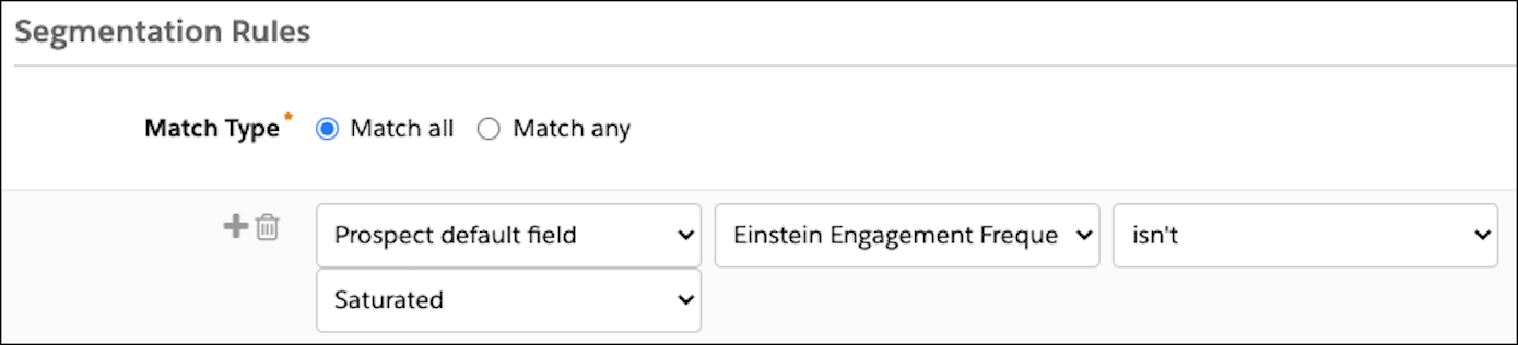 Segmentation Rule criteria shows the Account Engagement default field, EEF field, and Saturated status.