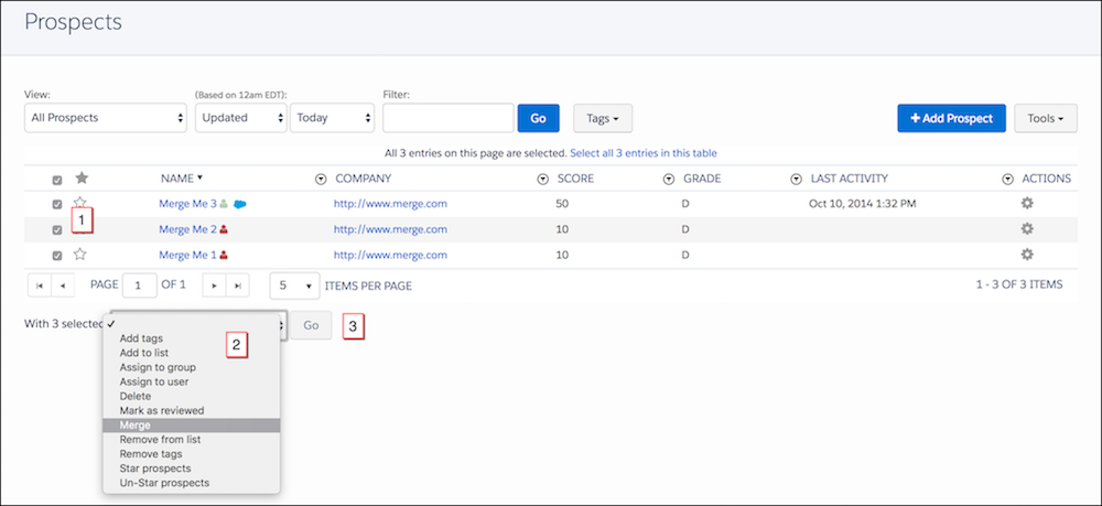 The prospect screen and dropdown