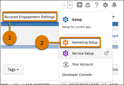 The Account Engagement Settings tab and the the option to open Marketing Setup highlighted.