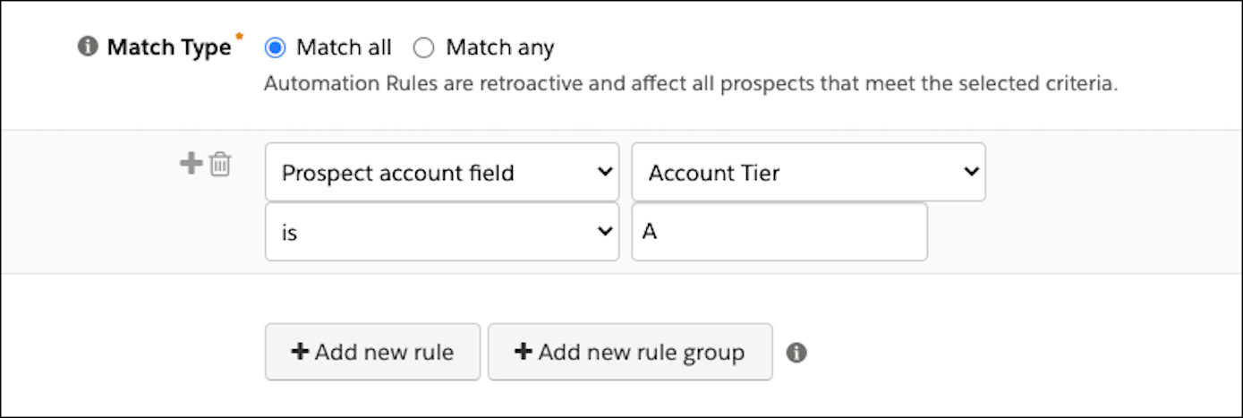 Rule form shows the dropdowns filled out with Prospect account field and Account Tier.