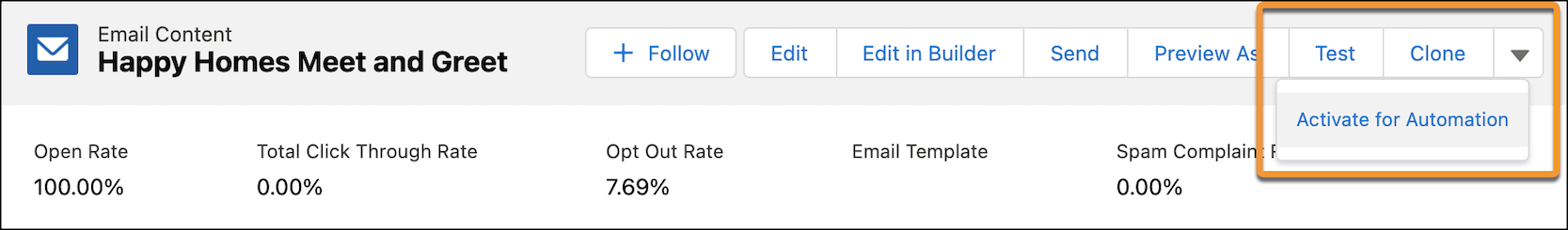 The email content toolbar shows an expanded action menu with "Activate for Automation" selected.