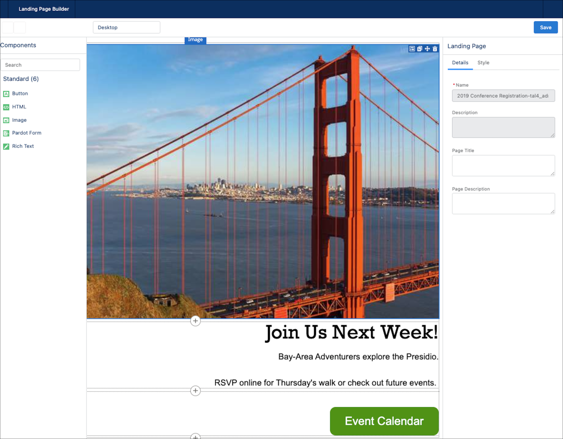 Landing page canvas includes Components list and style settings alongside a large image of the Golden Gate Bridge..