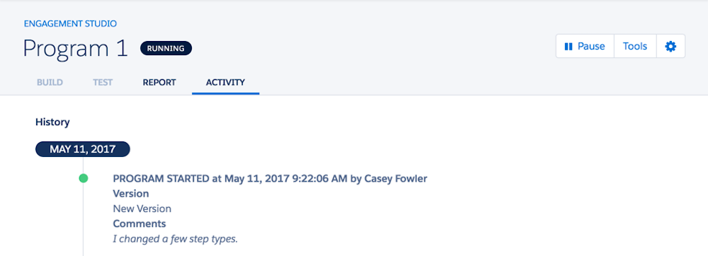 Screenshot of an example engagement program with version history.