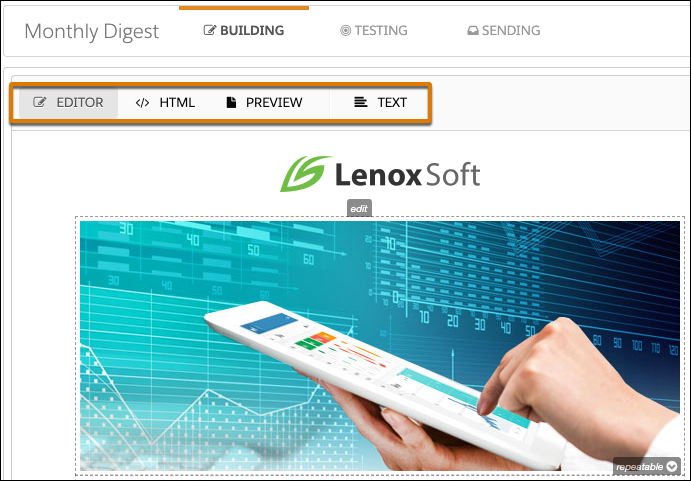 Screenshot of the Building tab with the Editor, HTML, Preview, and Text options highlighted.