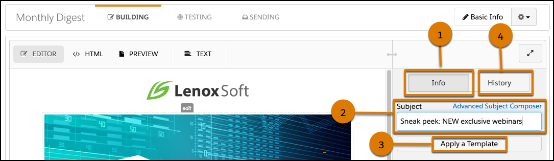 Screenshot of the sidebar on the Building tab with callouts for Info, Subject, Template, and History.