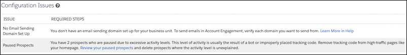 Screenshot of the Configuration Issues table.