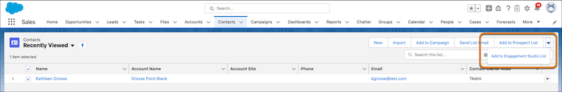 Add to Prospect List and Add to Engagement Studio List available as buttons on list views in Salesforce.