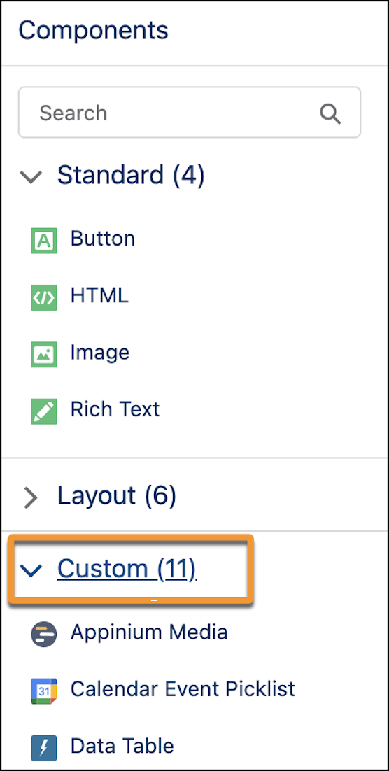 Components rail shows Custom heading with an outline.