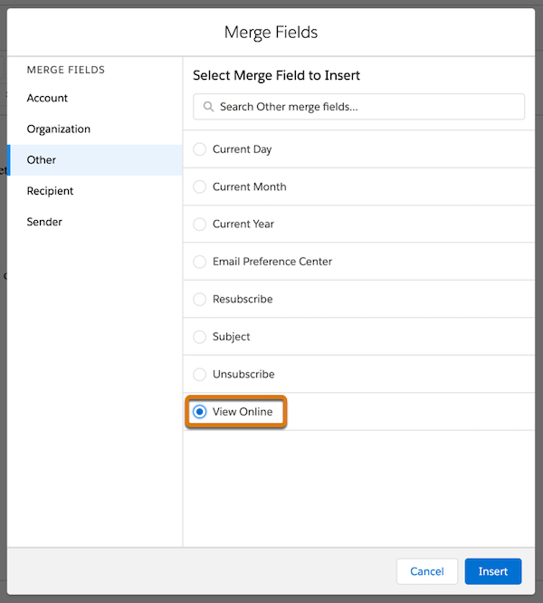 View Online merge field in the email builder