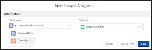 The New Snippet Assignment modal shows the selector menu expanded and lists Business Units and Campaigns.