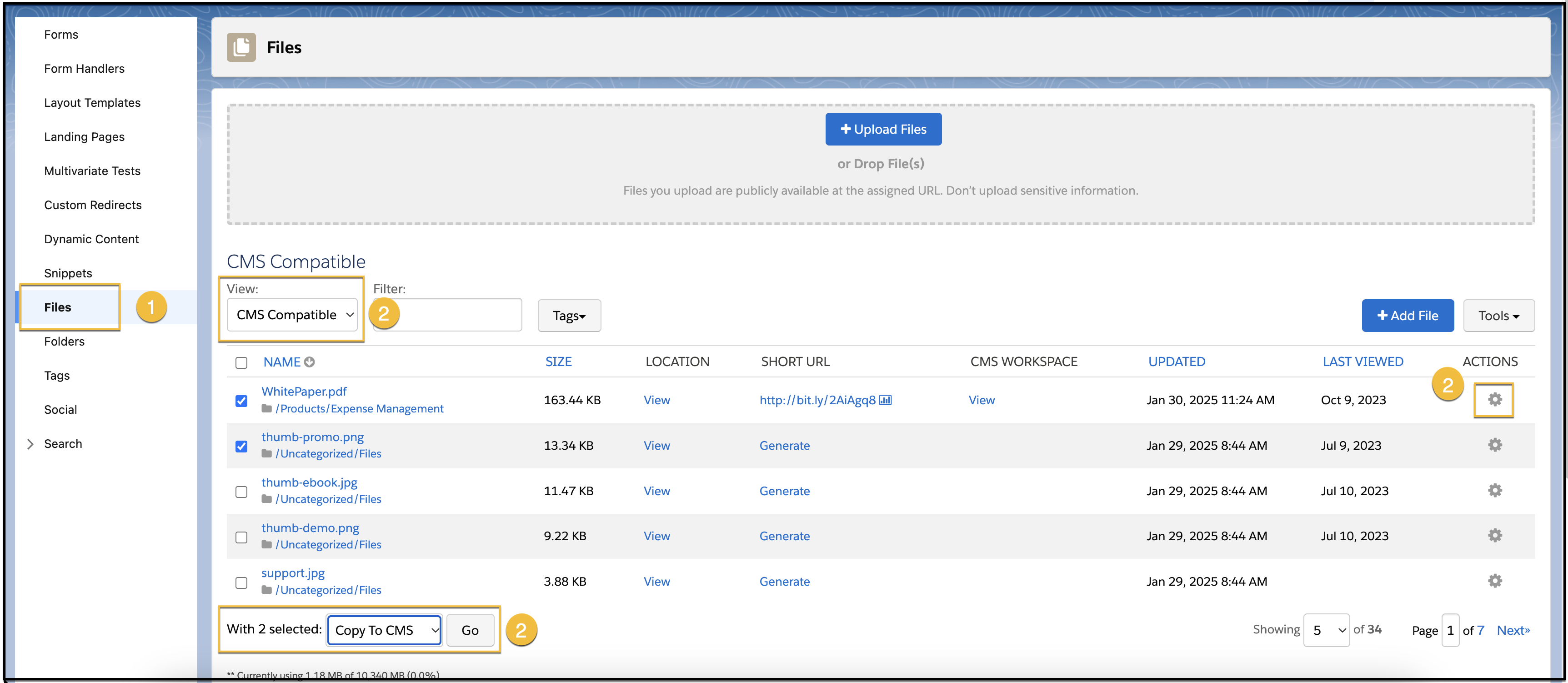 Página Archivos con lista de archivos compatibles con CMS y el menú desplegable Copiar en CMS