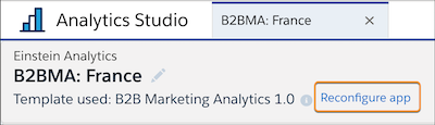 En-tête d'une application B2BMA. Sous l'en-tête principal figure une sous-en-tête "Modèle utilisé: B2B Marketing Analytics 1.0," info-bulle, et le texte du lien "Reconfigurer l'application."