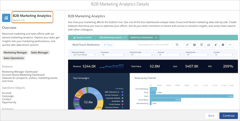 The B2B Marketing Analytics modal shows "Version 2.0" highlighted on the left sidebar.
