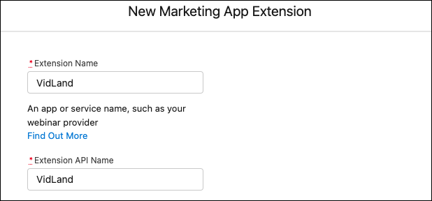 Screenshot of modal to create a new extension with the example VidLand, a video platform.