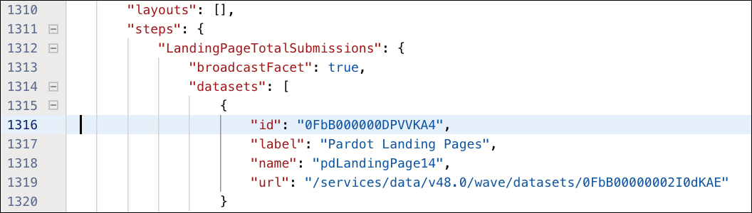 Un extrait de code de l'éditeur JSON affiche un jeu de données&nbsp;: attribut avec l'ID suivant entouré&nbsp;: 0FbB0000000DPVVKA4