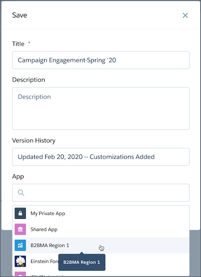 La fenêtre modale Enregistrer affiche le menu déroulant du champ Application avec une nouvelle application B2BMA sélectionnée.