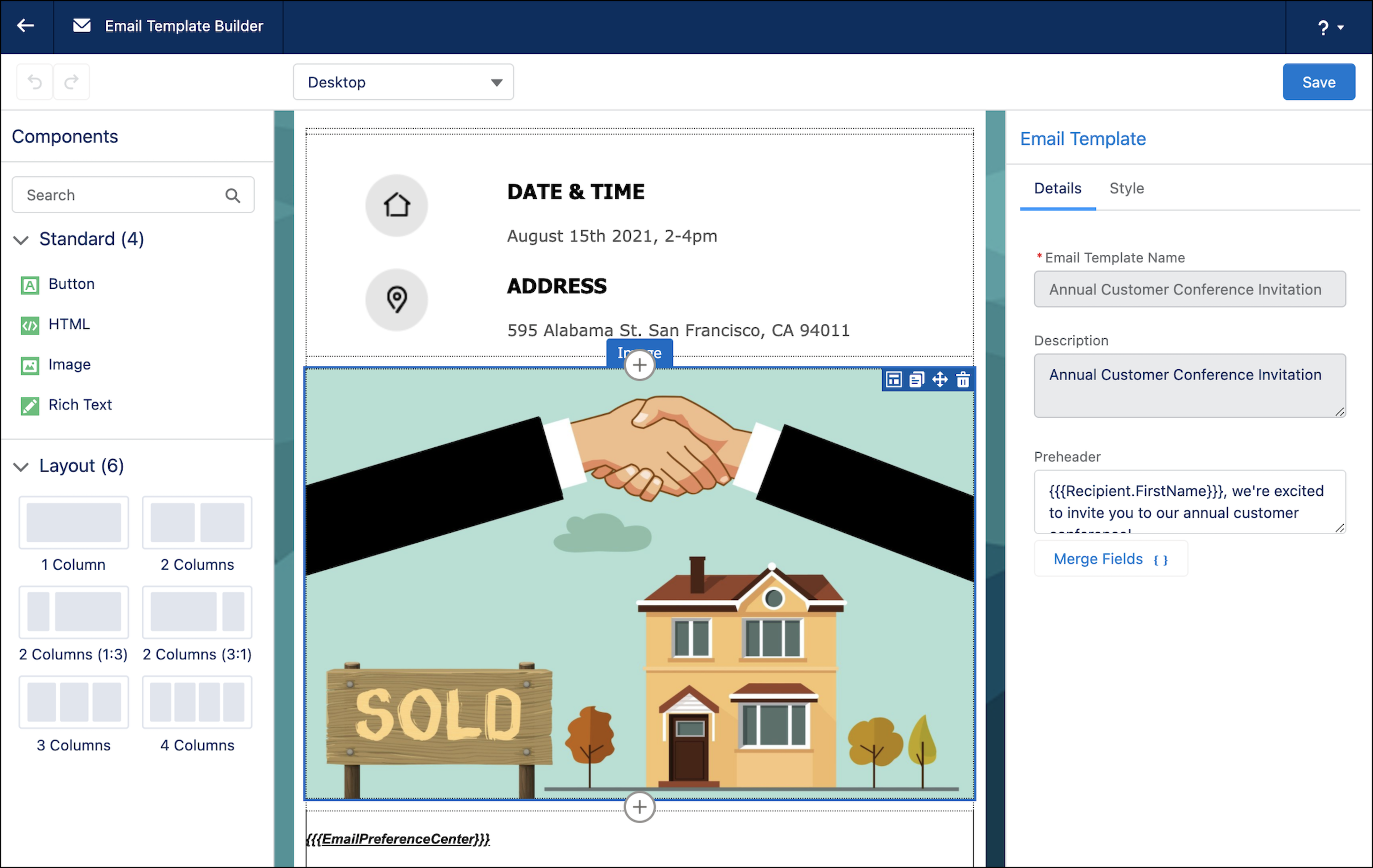 O criador avançado inclui um layout azul-escuro com cabeçalho e três colunas no qual os componentes aparecem no painel esquerdo.
