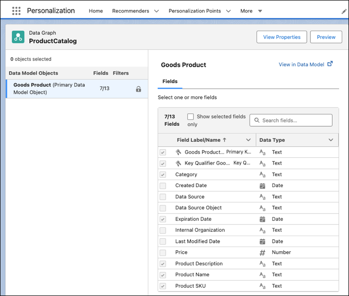 Image showing an example of an item data graph containing the Goods Product DMO and various selected fields.