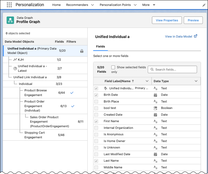 Image showing an example of a profile data graph containing the unified individual DMO, calculated insight, and segment.