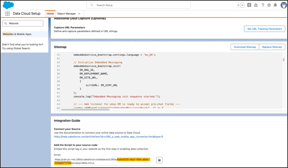 Imagen mostrando el Id. de Origen de aplicación resaltado en la configuración de Data Cloud.