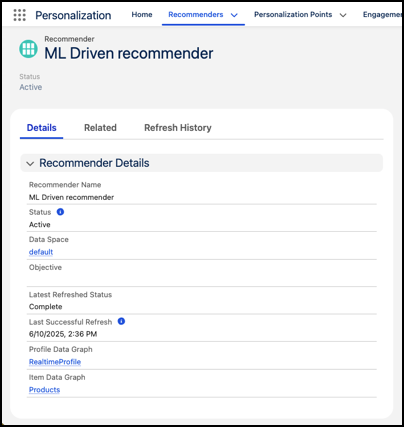 Captura de pantalla del registro de recomendador dirigido por ML.