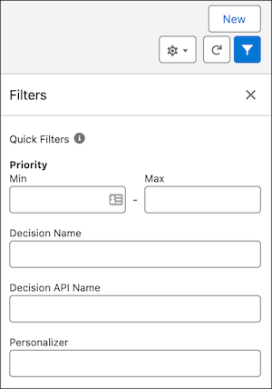 Options de filtrage des décisions de personnalisation affichées.