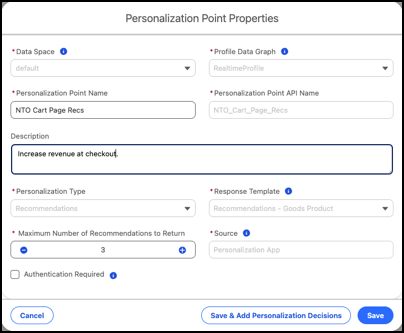 Schermata del record del punto di personalizzazione utilizzato per l'esperimento.