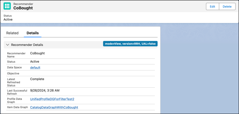 Imagem mostrando o registro do recomendador de Compra conjunta e o botão Editar.