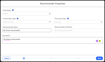 Screenshot of the recommender properties for the machine learning recommender.