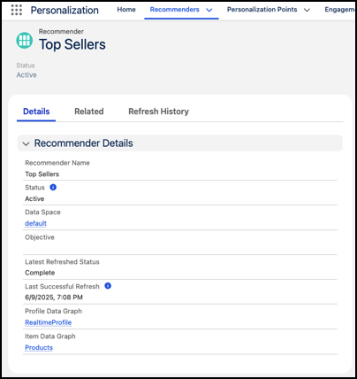 Screenshot of the Top Sellers recommender record.