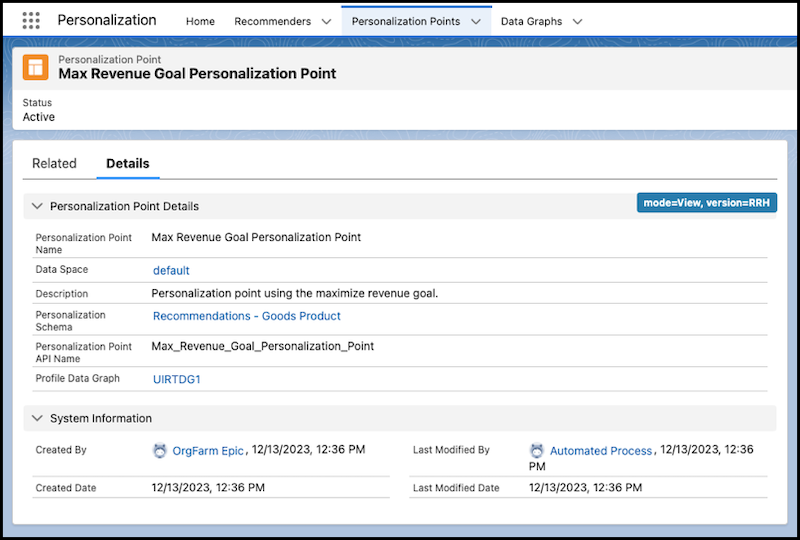 Personalization Points page with the Details tab selected.