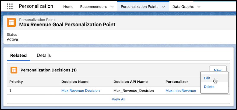 The selected Personalization Decision page with the Edit option highlighted.