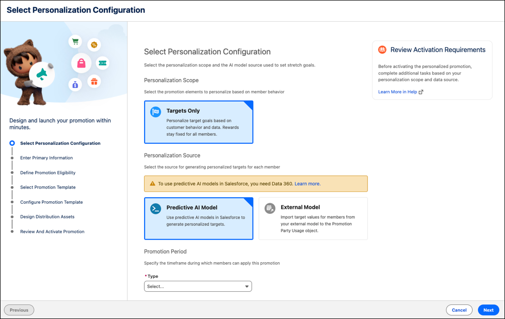 Select Personalization Configuration step of the Quick Promotion wizard