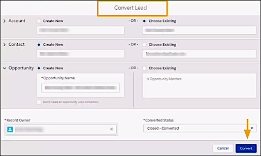 [Convert Lead (リードを変換)] をクリックして商談を表示