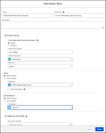 New Route Work element modal with all fields displayed.