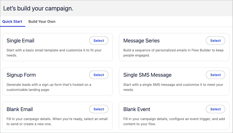Campaign quick start options.