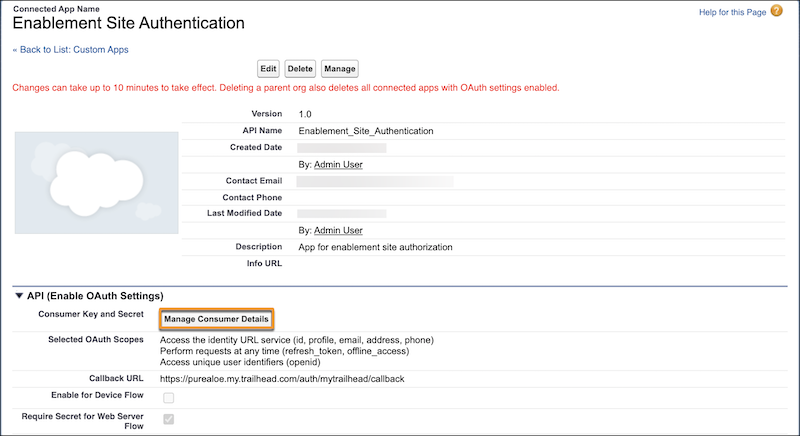 Connected app page, showing the Manage Consumer Details button and Callback URL
