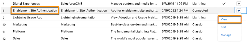 App Manager page, showing the Sales Enablement Access connected app and highlighting the View option in the dropdown menu