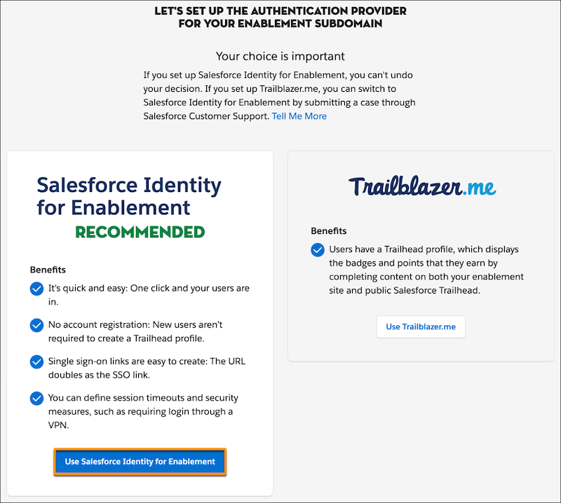 Selection page for the myTrailhead authentication provider, showing the benefits of the two choices and highlighting the button Use Salesforce Identity for Sales Enablement