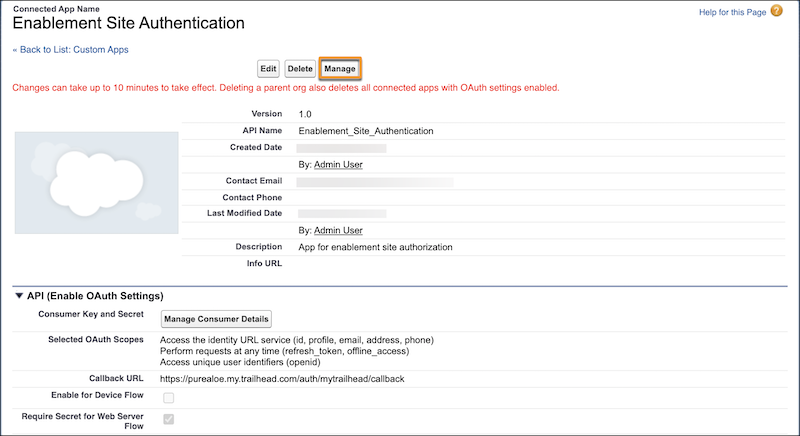 The connected app's page in App Manager, highlighting the Manage button