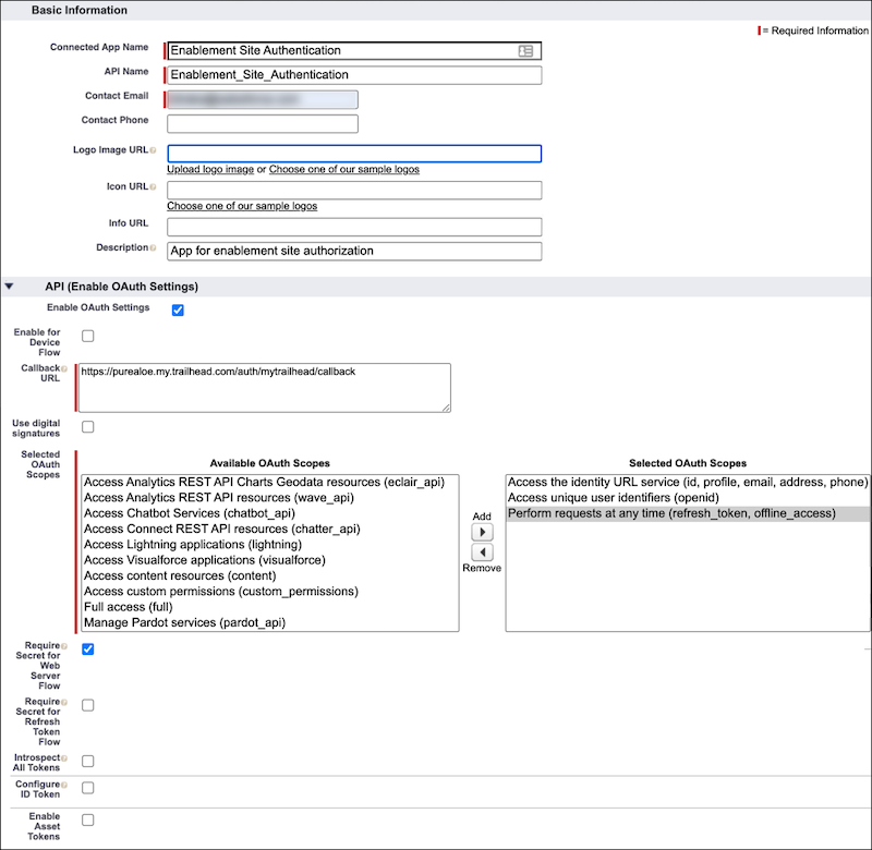 The completed connected app basic information and OAuth settings