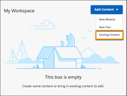 Add Content dropdown menu on the Trailmaker Content workspace, showing Existing Content selected