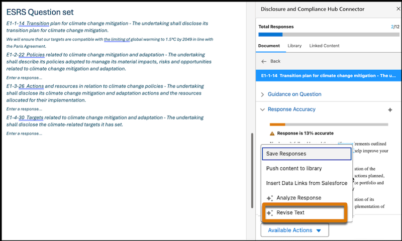 To revise the response for a question, go to the question details in the add-in, and select Revise Text from the available actions.