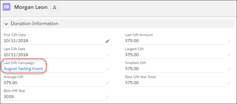 Contact record with the Last Gift Campaign rollup field highlighted