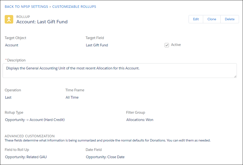 Last Gift Fund Customizable Rollup definition