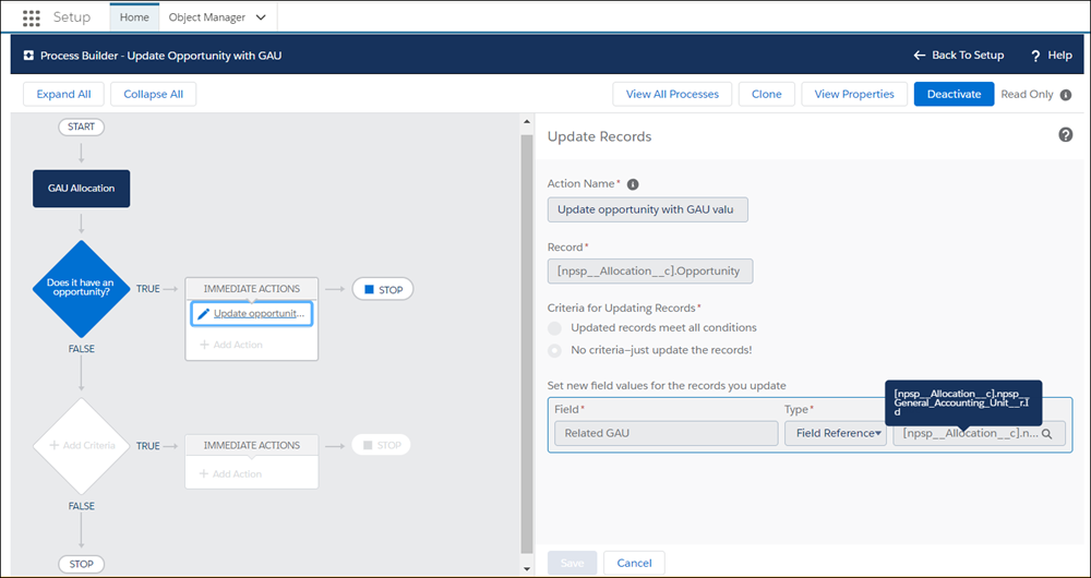 Process Builder screen showing the process created in this task