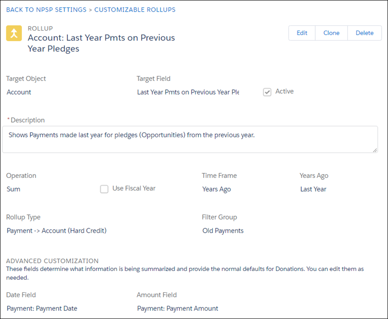 Customizable Rollup Definition for last year's payments on a previous year's pledges