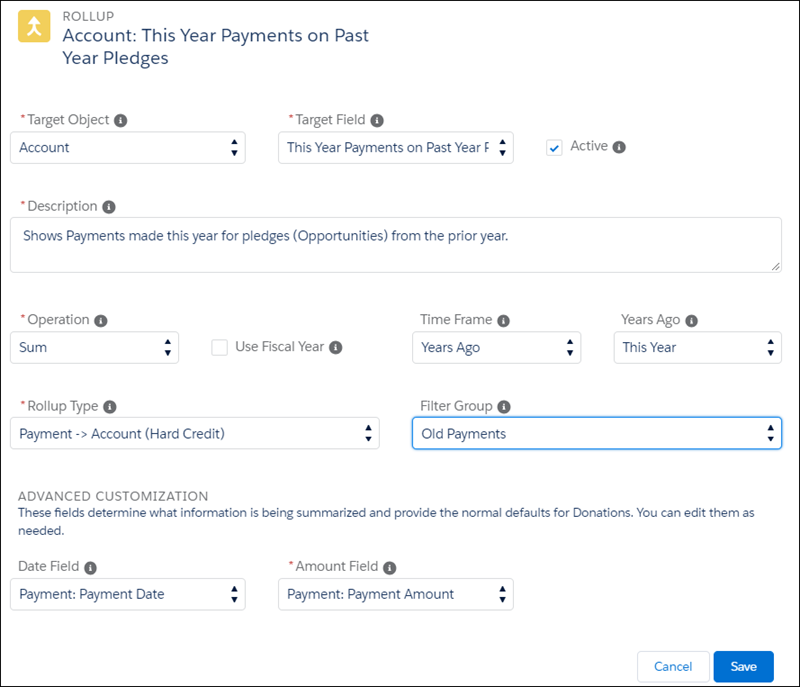 Customizable Rollup definition for this year's payments on last year's pledges